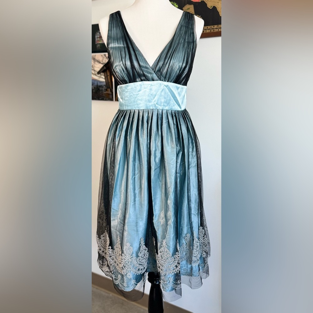 VTG David's Bridal Blue Satin Cocktail Dress with Black Mesh & Silver Lace Trim